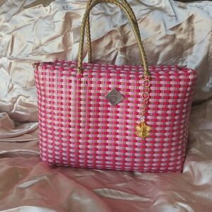 Chic Pink and Gold Checkered Tote
